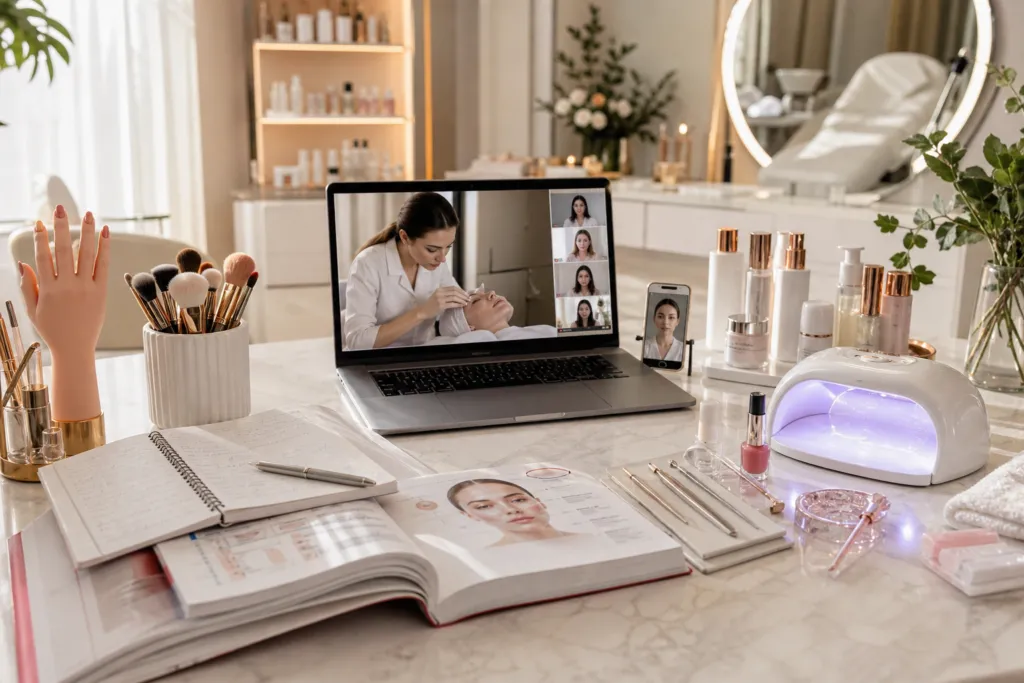 Create a polished editorial style image of a modern beauty and aesthetics