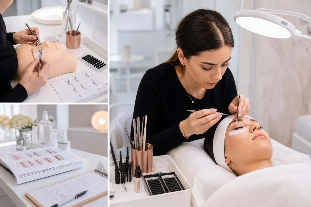 Editorial style beauty training scene in a modern aesthetic academy, showing a