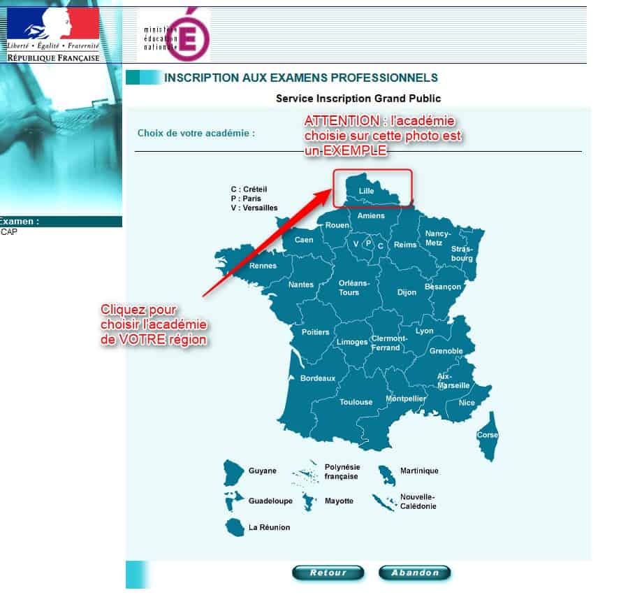 Région académie à choisir