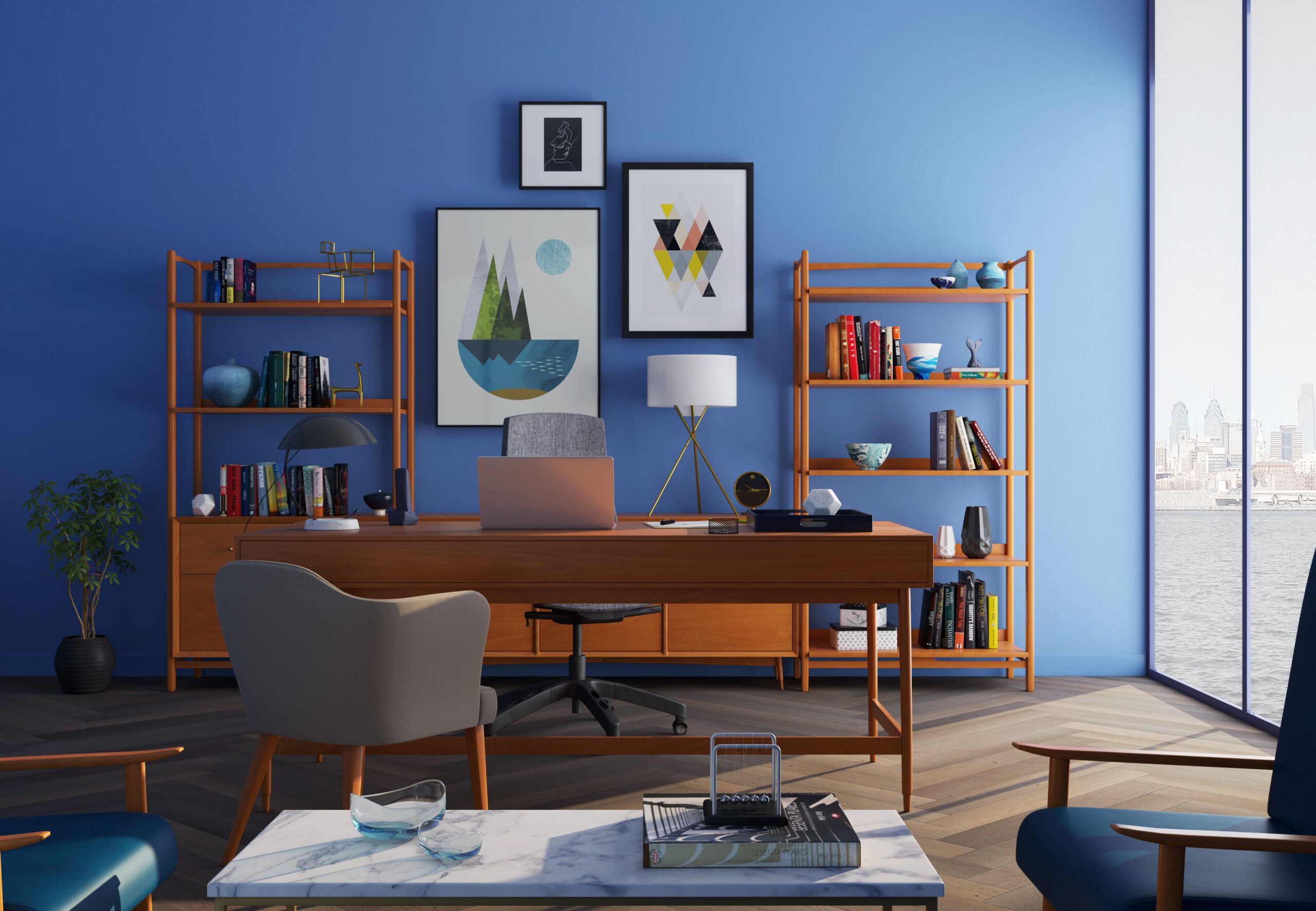 Gratuit Bureau En Bois Brun Avec Chaise Roulante Et étagères Près De La Fenêtre Photos