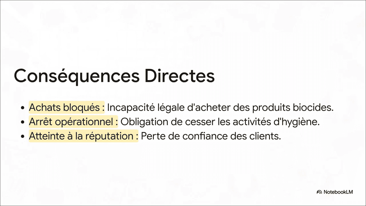 Diapositive 'Conséquences Directes' listant 'Achats bloqués, Arrêt opérationnel, Atteinte à la réputation'