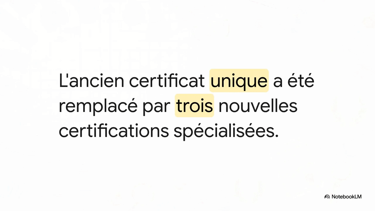 Slide : l'ancien certificat unique remplacé par trois nouvelles certifications spécialisées