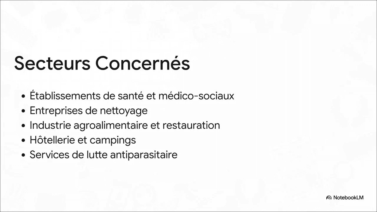 Diapositive « Secteurs concernés » listant établissements de santé, entreprises de nettoyage, agroalimentaire, hôtellerie et services antiparasitaires.