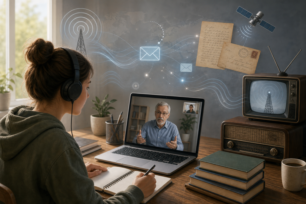 Create an editorial-style illustration of distance learning through telecommunications: a student studying at a desk at home with a laptop, headset, notebook, and books, connected remotely to a teacher appearing on a screen in a small video-call window. Include subtle visual cues of older and modern communication methods blending together—radio waves, television signal lines, email-like digital icons, and a faint vintage correspondence motif—showing the evolution of tele-education. Clean, informative composition, modern educational atmosphere, soft natural lighting, realistic detail with a slightly conceptual feel, neutral background, no text, no logos.