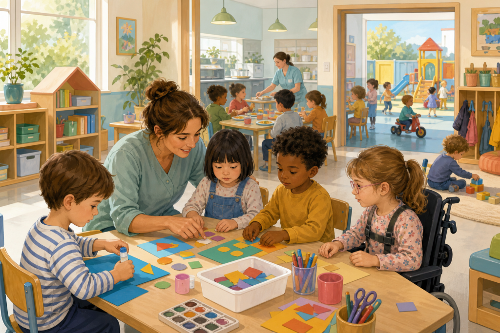 Editorial illustration of a caring ATSEM in a bright French kindergarten classroom, assisting a small group of diverse preschool children with a hands-on learning activity at low tables, preparing colorful educational materials, gently guiding an inclusive child with a subtle supportive presence, with the classroom extending into a calm school canteen and after-school play area in the background to suggest supervision during lunch and périscolaire time, warm natural light, cheerful but realistic atmosphere, clean modern educational setting, soft pastel colors, detailed candid scene, high-quality digital illustration, no text, no logos, no branding