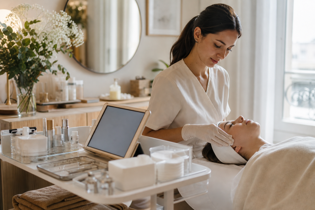 Editorial lifestyle scene of a professional esthetician working in a clean, elegant home-beauty setup, with a portable treatment trolley, neatly arranged sterilized tools, disposable supplies, facial skincare products, towels, gloves, and a tablet showing an appointment schedule, warm natural light, calm and trustworthy atmosphere, subtle details suggesting hygiene, organization, client care, and small business entrepreneurship, modern French aesthetic, realistic high-end photography, soft neutral tones, shallow depth of field, no visible text, no logos, no branding