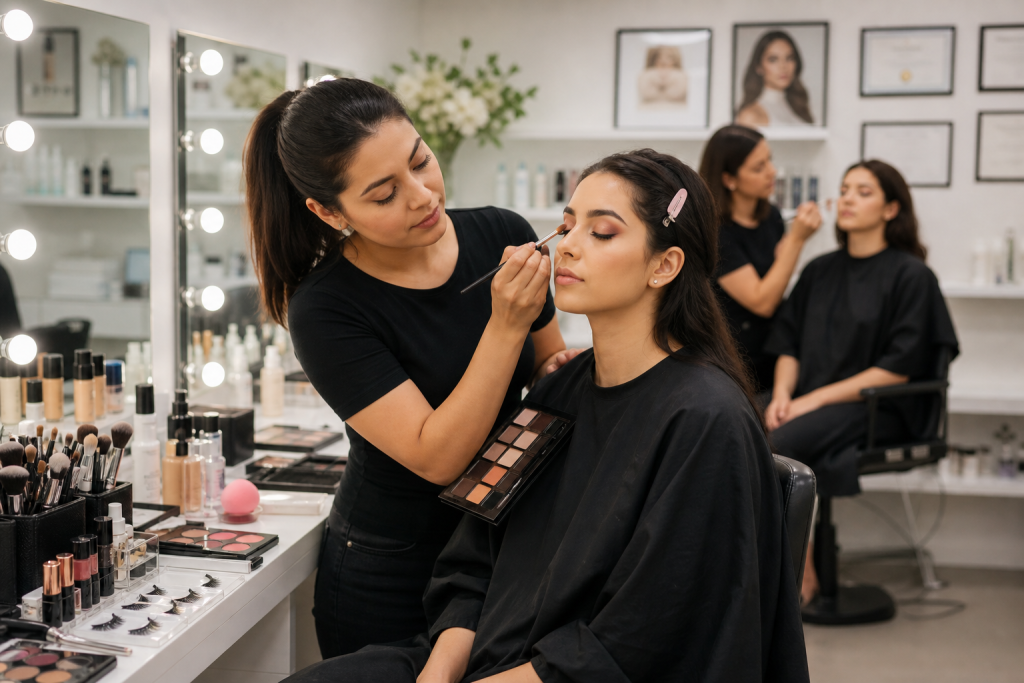 Editorial-style beauty education scene showing a professional makeup training classroom blended with a modern beauty institute: a young makeup artist student practicing on a model at a vanity station, surrounded by makeup brushes, palettes, foundation bottles, false lashes, eyeliner, lipsticks, skincare products, mirrors with soft studio lights, and neat salon equipment; subtle background details suggesting training and certification, with another model in the distance and a calm, aspirational atmosphere. Clean, realistic composition, warm natural skin tones, soft diffused lighting, high detail, polished contemporary aesthetic, no text, no logos, no watermark.
