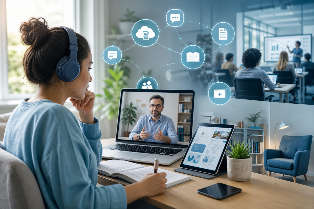 Editorial-style educational illustration of modern distance learning and blended training: a diverse learner at a laptop and tablet in a home workspace, connected by subtle digital lines to a remote instructor on a video call and to icons representing flexible learning resources, cloud documents, chat, and online modules. Show a split composition that blends home, office, and classroom cues to express open, accessible, multimodal education at a distance. Clean contemporary design, soft blue and teal palette, realistic yet polished, bright natural light, shallow depth of field, professional article header image, no text, no logos, no branding.