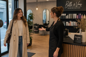 genere moi une femme qui arrive dans un salon de coiffure, elle est accueillie par une coiffeuse