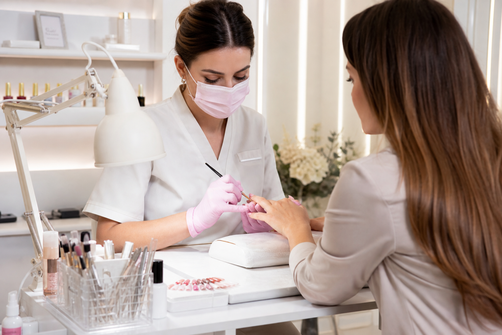 A clean, editorial style beauty salon scene showing a professional nail