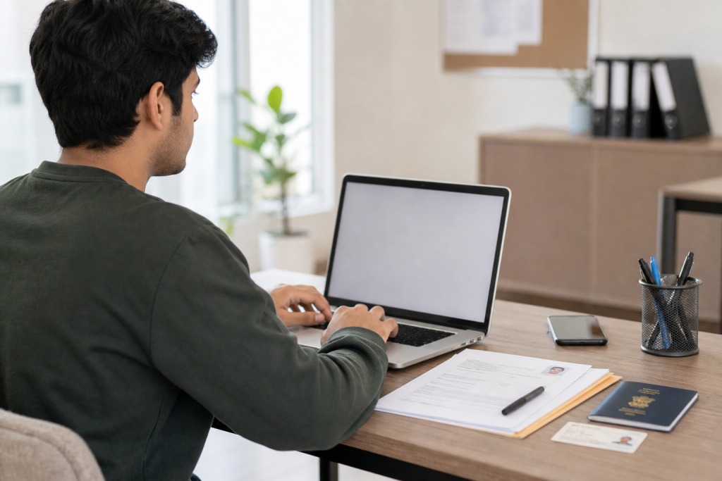 A clean editorial style scene of a student completing an official online exam