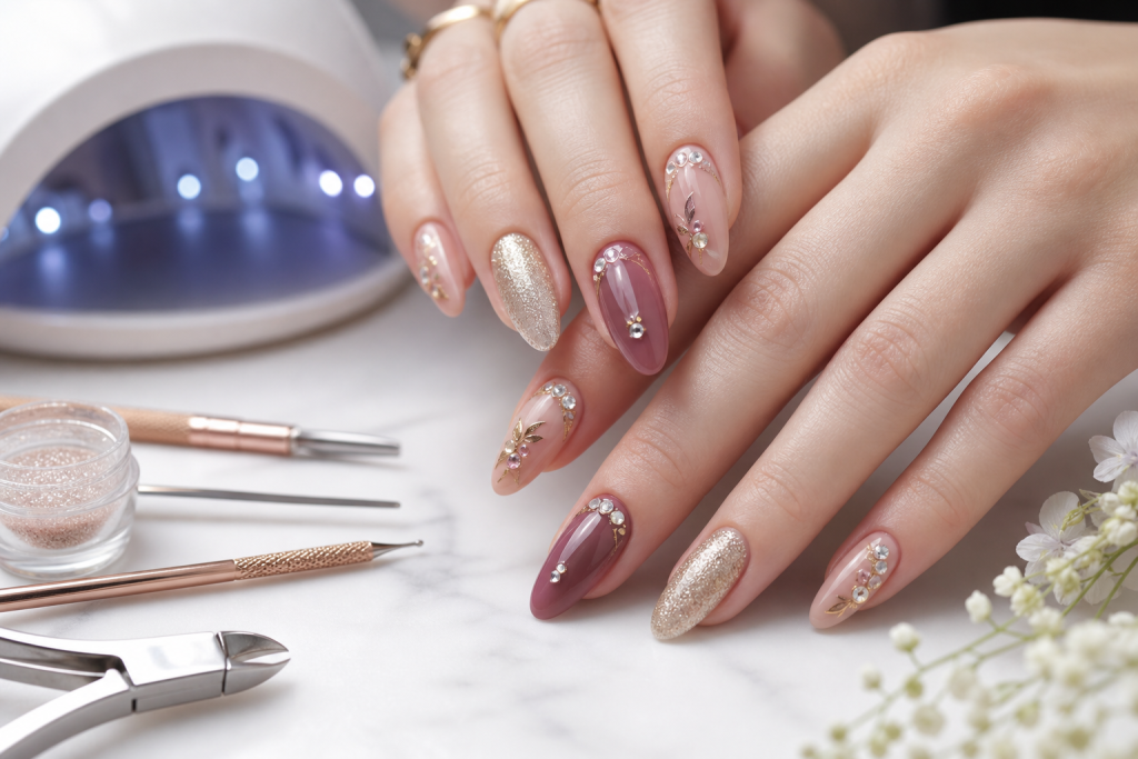 A close up editorial beauty scene of elegant female hands with perfectly