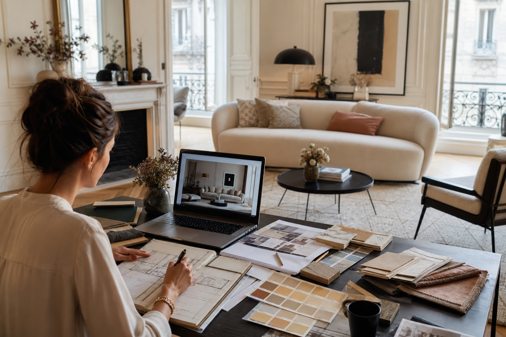 A modern interior design training scene in a bright Parisian style apartment,