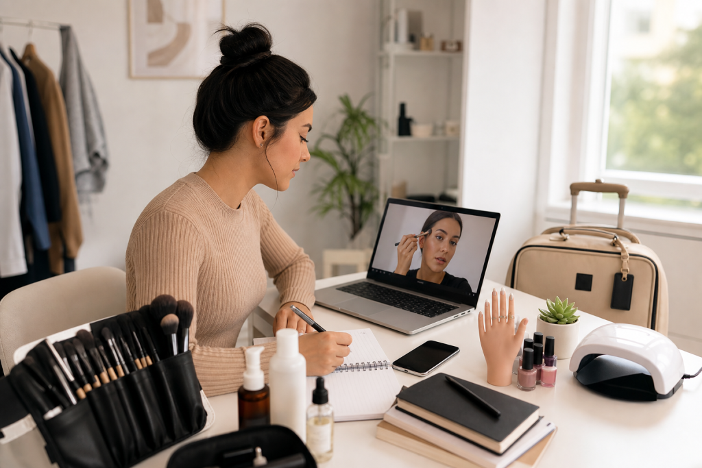 A polished editorial style scene illustrating a flexible distance learning