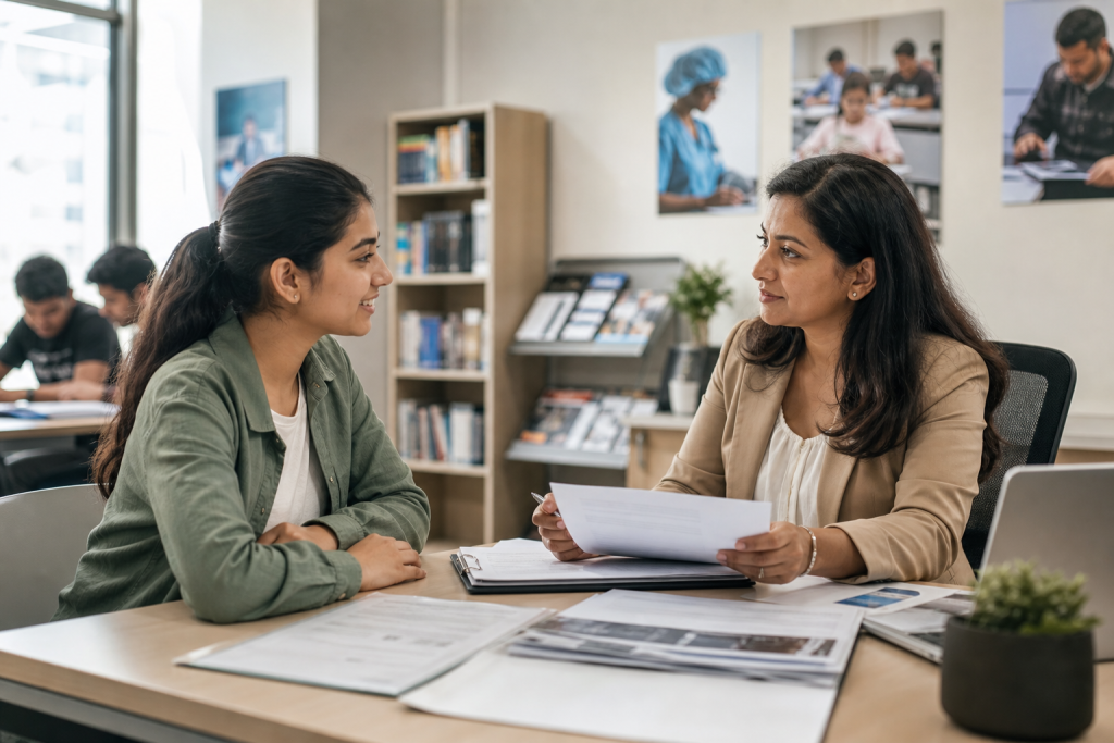 A professional, welcoming admissions consultation scene in a modern training
