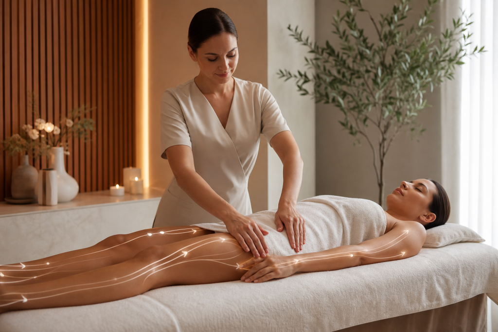 A serene editorial style wellness spa scene showing a professional massage