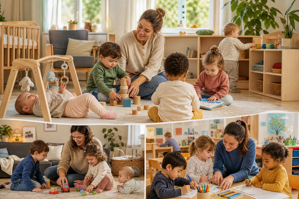 A warm, editorial style illustration of early childhood care careers in France,