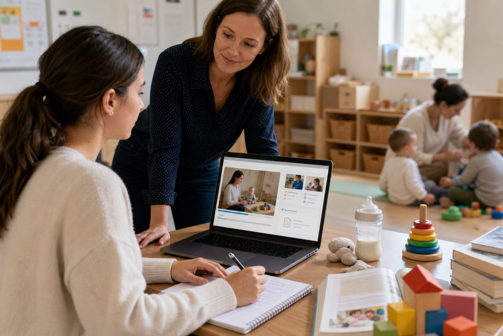 An editorial style educational scene about a CAP petite enfance training