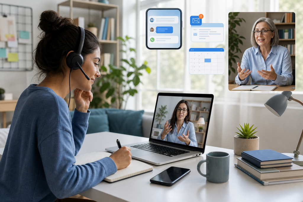 An editorial style illustration of a flexible modern distance learning
