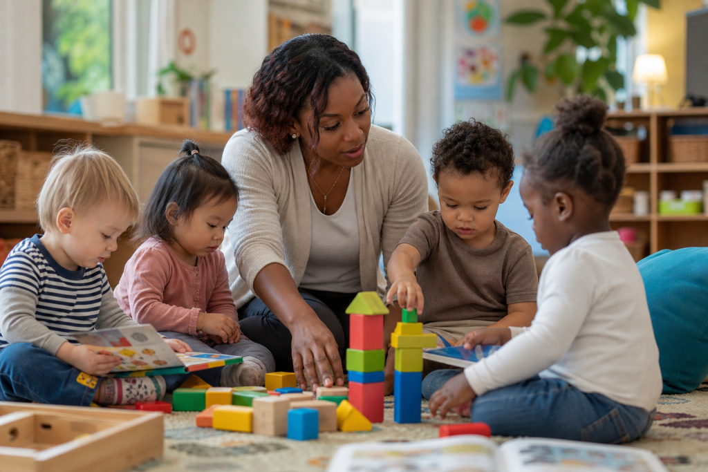 An editorial style scene of a dedicated early childhood educator in a bright