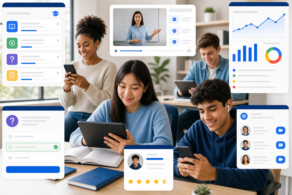 An editorial style scene of a diverse group of students using a modern mobile