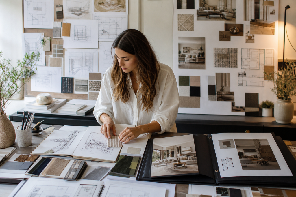 An editorial style scene of an interior design student or young professional in
