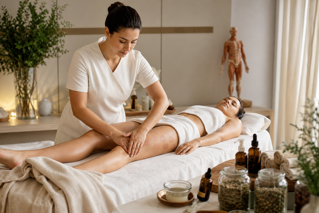 An elegant editorial beauty spa scene in a modern wellness institute, showing a