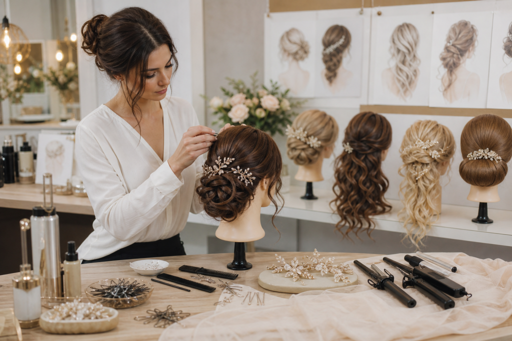 An elegant editorial scene in a professional bridal hair styling workshop: a