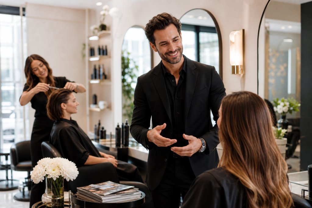 An elegant editorial style scene inside a modern hair salon, showing a
