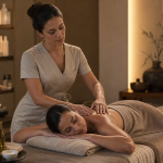 An elegant editorial wellness scene inside a serene spa training room, showing