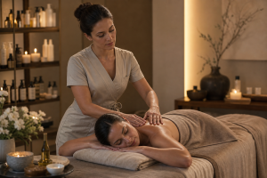 An elegant editorial wellness scene inside a serene spa training room, showing