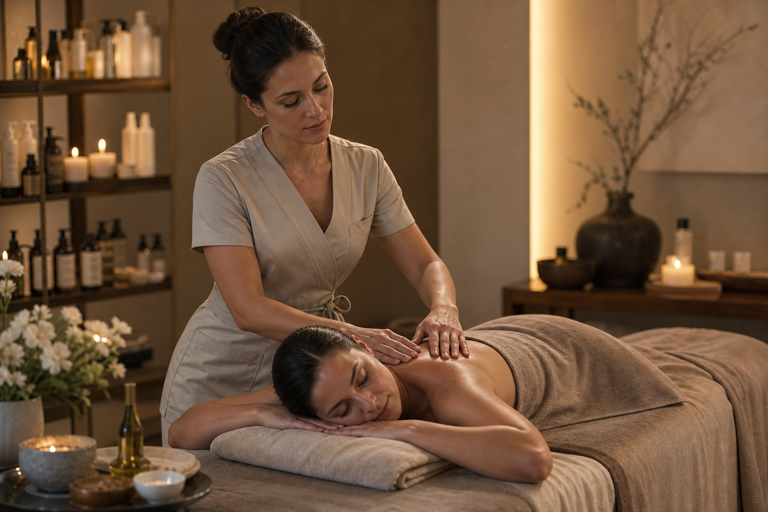 An elegant editorial wellness scene inside a serene spa training room, showing