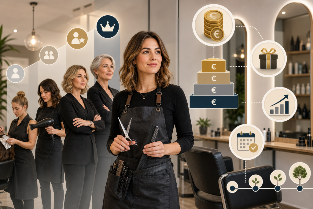 Create a clean editorial illustration about a salon employee’s pay and