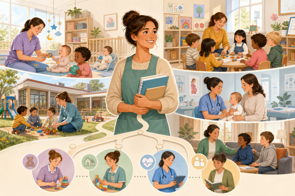 Create a clean editorial illustration about careers in early childhood care in