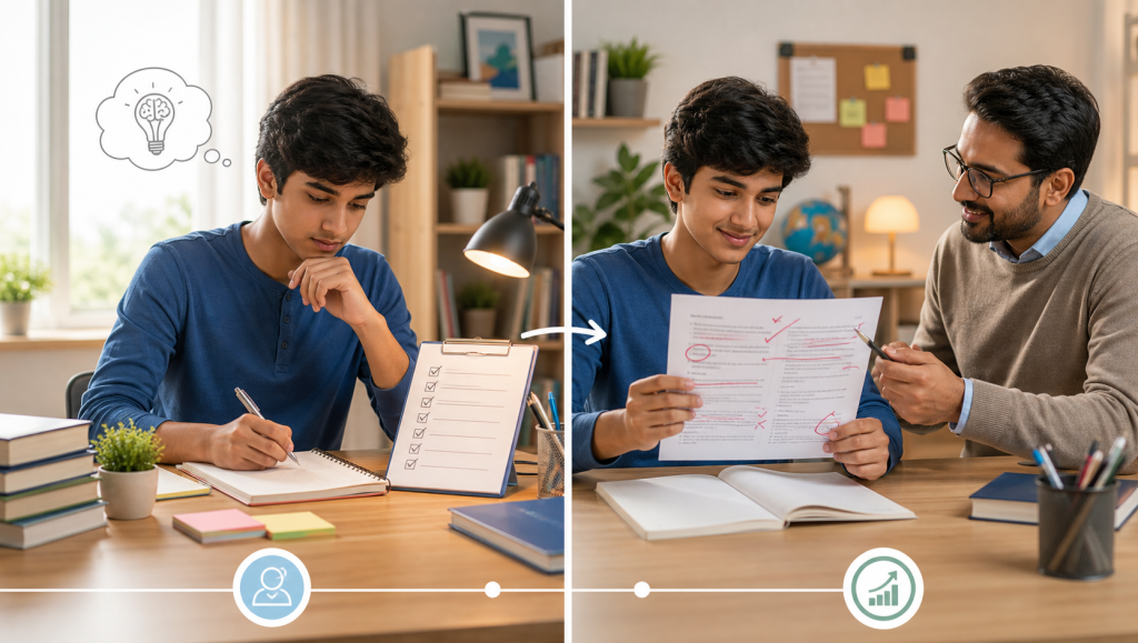 Create a clean editorial illustration of a modern learning journey in two