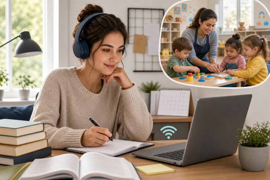 Create a clean editorial style illustration of online learning: a student