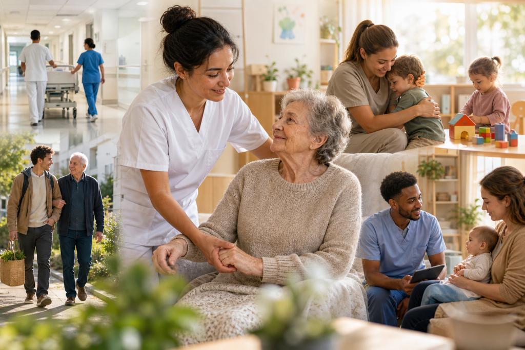 Create a high quality editorial illustration of the sanitary and social care