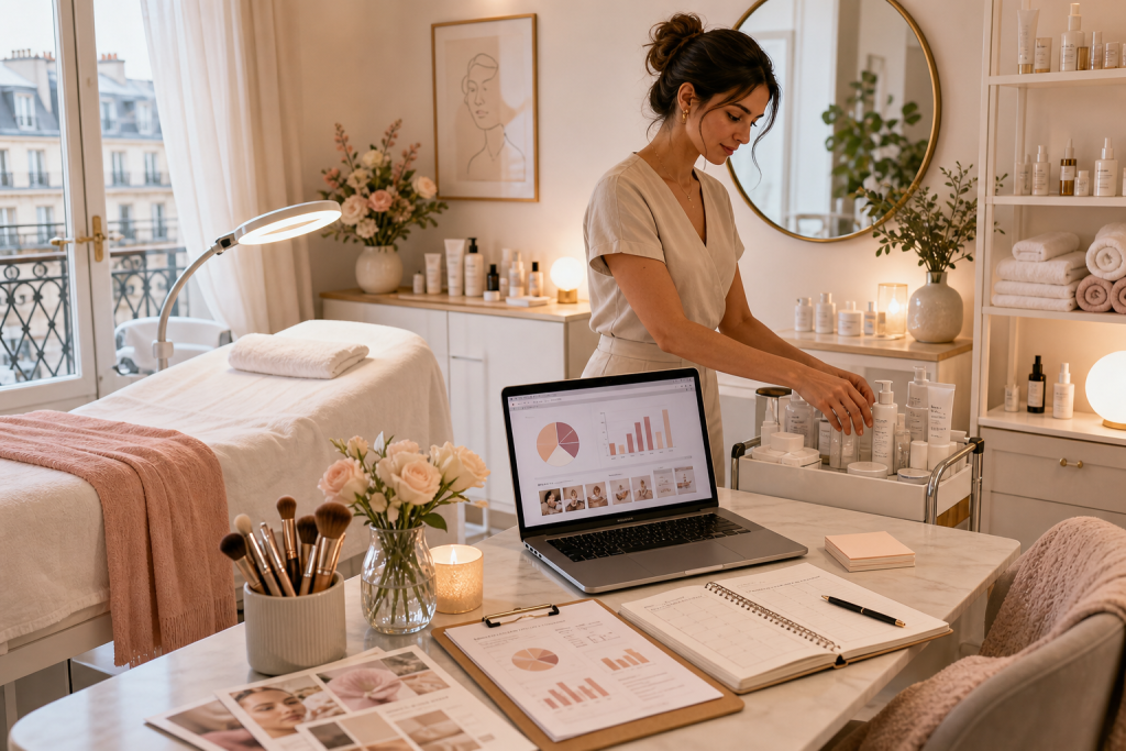 Create a polished editorial illustration of a home based beauty entrepreneur