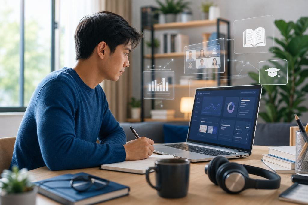 Create a polished editorial style image about online learning and distance