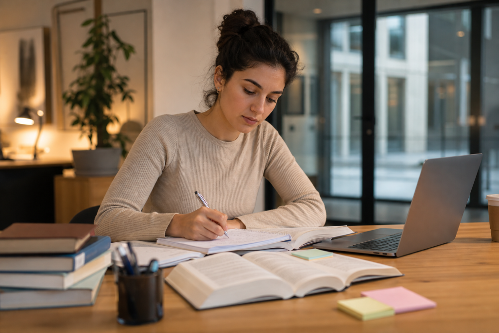 Create a professional editorial style image of a focused adult student