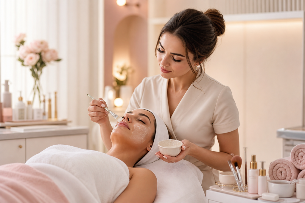 Create a refined editorial style image of a professional esthetician in a