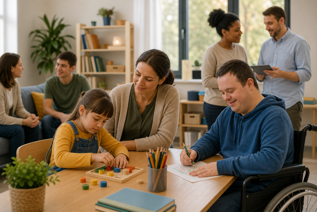 Create a warm, editorial style illustration of an educational social worker