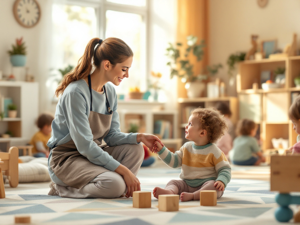 Create a warm, heartwarming editorial style image depicting a nurturing early