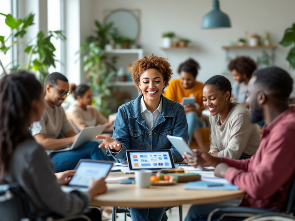 Create a warm, inclusive editorial style illustration depicting a diverse group