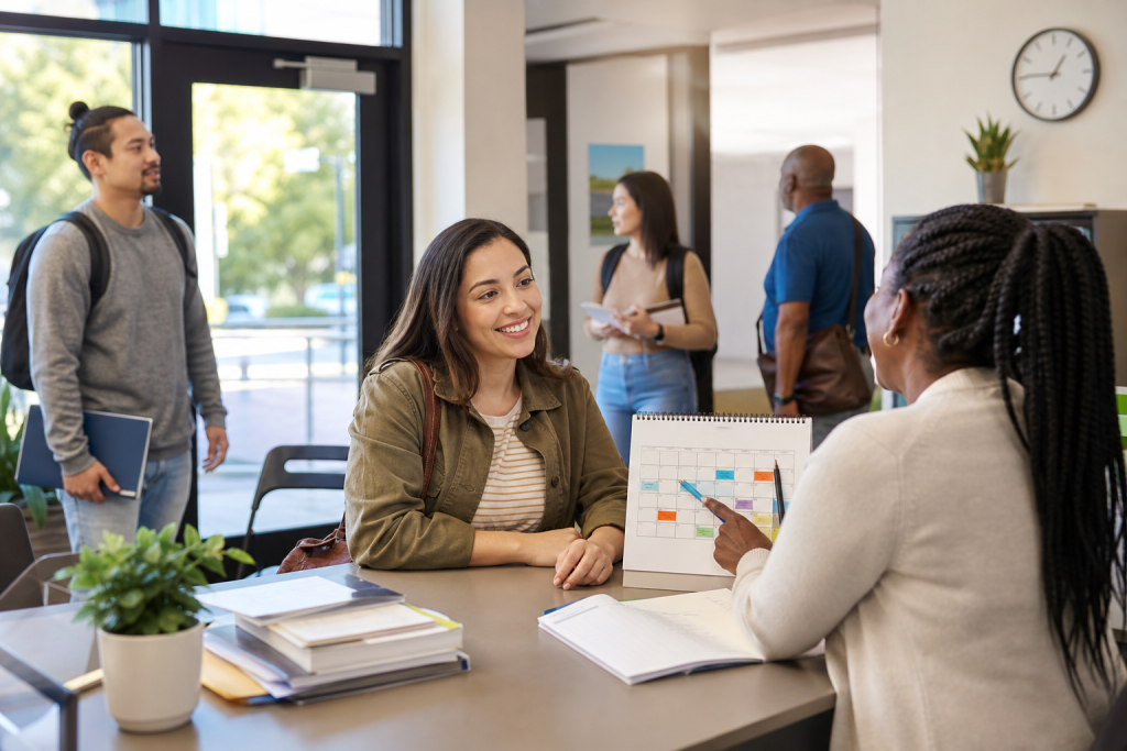 Create an editorial style image of a welcoming educational center with an open