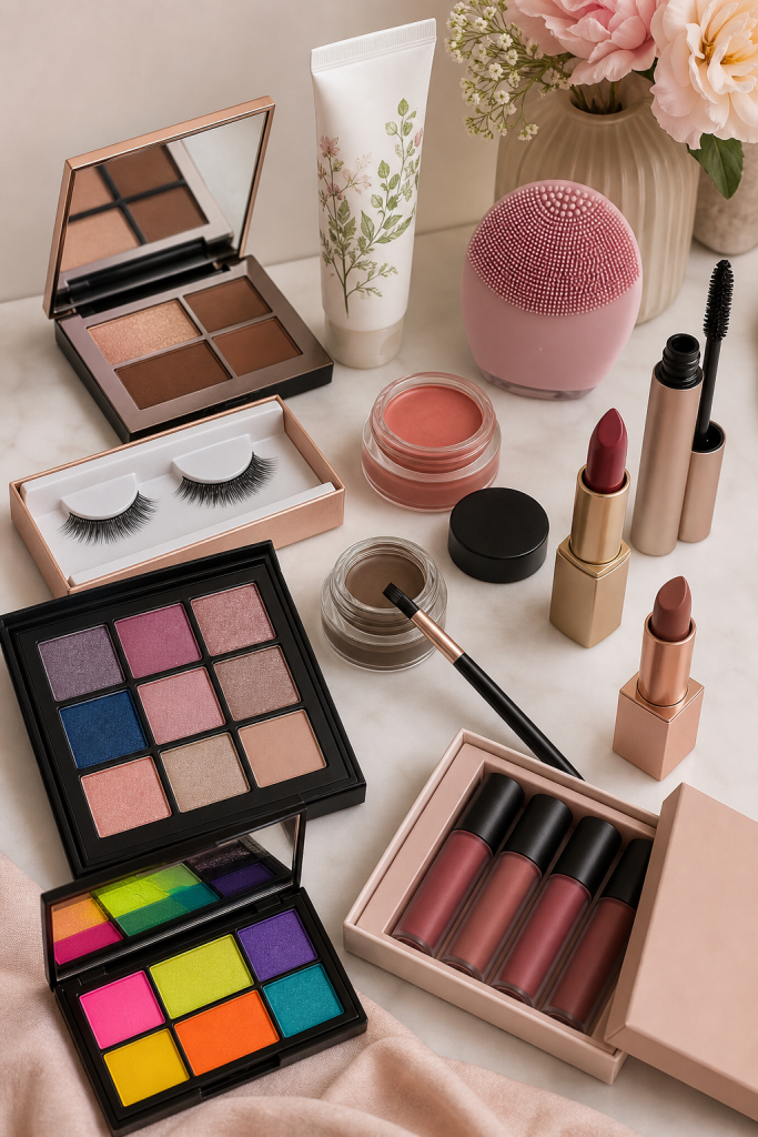 Editorial beauty flat lay featuring a curated selection of ten iconic cosmetics