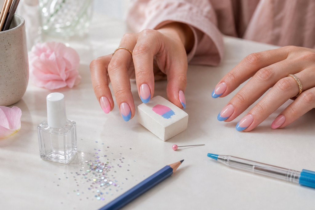 Editorial beauty scene of a DIY nail art session on a clean vanity table,