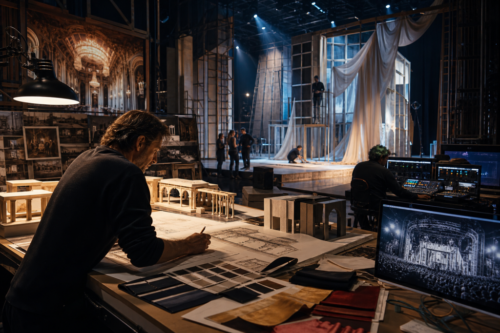 Editorial illustration of a theatrical scenographer at work, showing a creative