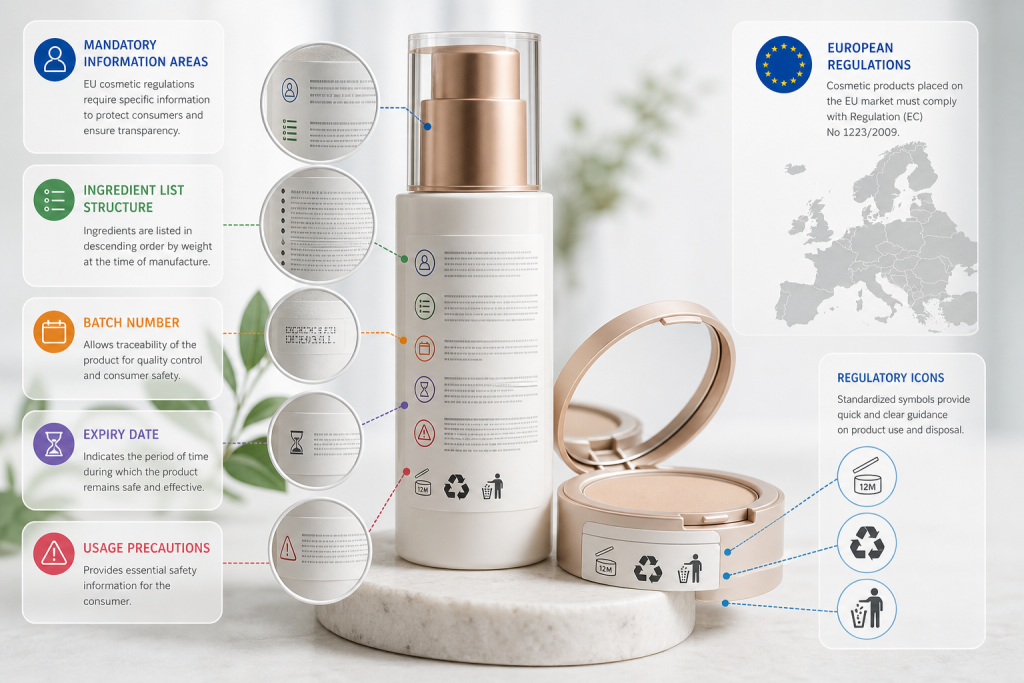 Editorial infographic style image of a modern cosmetic product label compliance