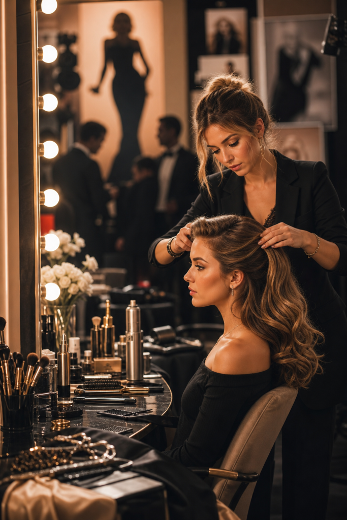 Editorial lifestyle illustration of an aspiring celebrity hairstylist in a